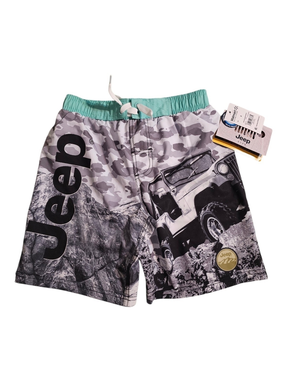 Jeep Gray Camo Swim Trunks with Mint Waistband